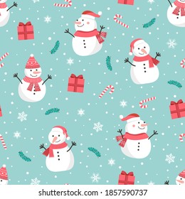 Christmas seamless pattern with snowman background, Winter pattern with snowflakes, wrapping paper, winter greetings, web page background, Christmas and New Year greeting cards