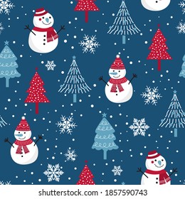 Christmas seamless pattern with snowman background, Winter pattern with snowflakes, wrapping paper, winter greetings, web page background, Christmas and New Year greeting cards