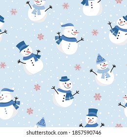 Christmas seamless pattern with snowman background, Winter pattern with snowflakes, wrapping paper, winter greetings, web page background, Christmas and New Year greeting cards