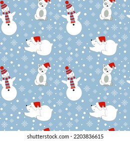 Patrón de Navidad sin fisuras con fondo de nieve, Patrón de invierno con oso, papel de envoltura, rellenos de patrones, saludos de invierno, fondo de página web, tarjetas de felicitación de Navidad y Año Nuevo