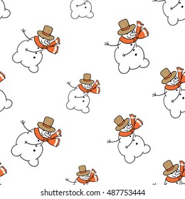 Christmas seamless pattern with snowman. Beautiful vector background for decoration xmas designs. Cute minimalistic art elements on white backdrop.