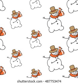 Christmas seamless pattern with snowman. Beautiful vector background for decoration xmas designs. Cute minimalistic art elements on white backdrop.