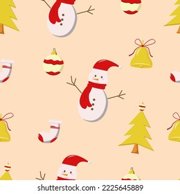 Christmas Seamless Pattern with snowman, christmas bell, christmas tree, socks, and crystal ball, easy to edit
