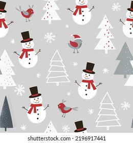 Christmas seamless pattern with snowman, birds, christmas tree and snowflakes. Can be used for fabric, wrapping paper, scrapbooking, textile and other design. Flat style.