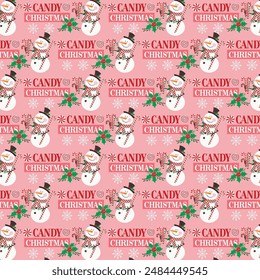 Christmas seamless pattern with snowman and candy cane