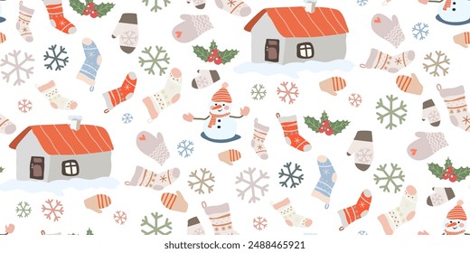Navidades patrón sin fisuras con muñeco de nieve, casa linda, medias, mitones, copo de nieve, acebo. Navidades y diseño plano de Nuevo año para textil, papel de embalaje, póster, Fondo de pantalla de temporada de invierno. Vector