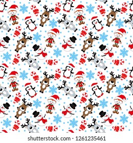 Christmas seamless pattern with snowman deer penguin and snowflakes