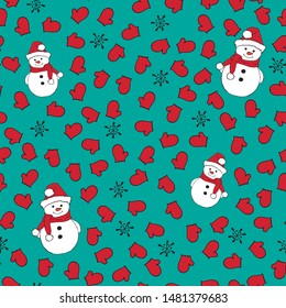 Christmas seamless pattern with snowman, fir trees and snowflakes. Perfect for wallpaper, wrapping paper, pattern fills, winter greetings, web page background