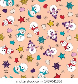 Christmas seamless pattern with snowman, fir trees and snowflakes. Perfect for wallpaper, wrapping paper, pattern fills, winter greetings, web page background