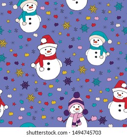 Christmas seamless pattern with snowman, fir trees and snowflakes. Perfect for wallpaper, wrapping paper, pattern fills, winter greetings, web page background