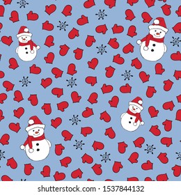 Christmas seamless pattern with snowman, fir trees and snowflakes. Perfect for wallpaper, wrapping paper, pattern fills, winter greetings, web page background