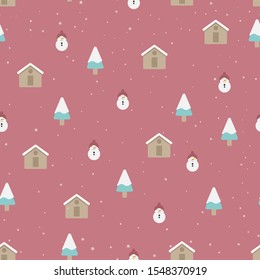 Christmas seamless pattern with snowman, fir trees and house. Perfect for wallpaper, wrapping paper. Vector

