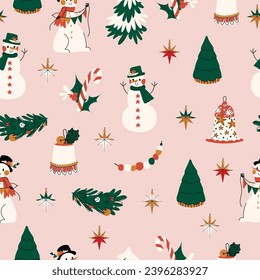 Christmas seamless pattern with snowman, fir tree, bell, garland and star. Holiday New Year pink background for wallpaper, wrapping paper, winter greetings, fabric, textile, greeting cards, cover