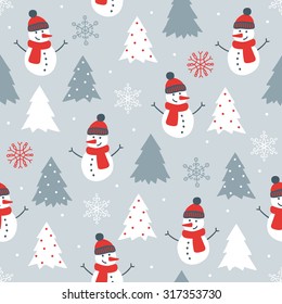 Christmas seamless pattern with snowman, fir trees and snowflakes. Perfect for wallpaper, wrapping paper, pattern fills, winter greetings, web page background, Christmas and New Year greeting cards