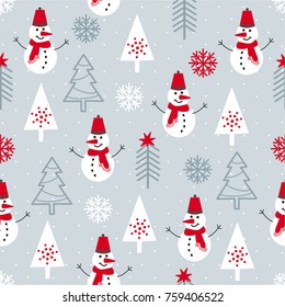 Christmas seamless pattern with snowman, fir trees and snowflakes. Winter greetings, Christmas and New Year greeting cards.