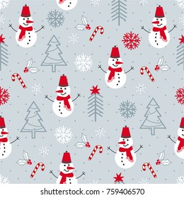 Christmas seamless pattern with snowman, fir trees and snowflakes. Winter greetings, Christmas and New Year greeting cards.