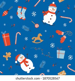 Christmas seamless pattern with a snowman, gift boxes, Christmas attributes on a dark blue background. Vector texture. Can be used for banners, wrapping paper, postcards, printed materials.