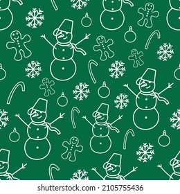 Christmas seamless pattern with snowman, gingerbread, snowflakes and candy cane. Backgrounds and wallpapers for invitations, cards, fabrics, packaging, textiles, posters. Vector illustration.