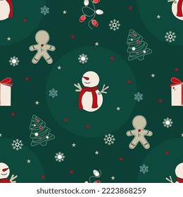 Christmas seamless pattern with snowman, gingerbread, garland, xmas tree, gifts in flat design