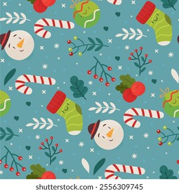 Christmas seamless pattern with snowman, gingerman, sweets, snowlakes, christmas tree on red backround. Holiday background, textile, wallpaper, print design with flat vector