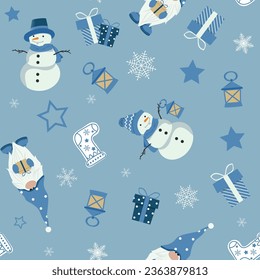 Christmas seamless pattern with snowman and gnome on blue background. Winter pattern for decorating textiles, wrapping paper , winter greetings, web page background, Christmas and New Year 