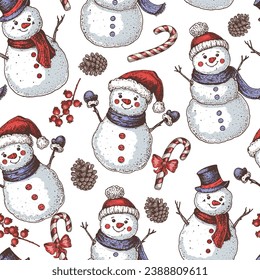 Christmas seamless pattern with snowman. Hand drawn vector illustration.