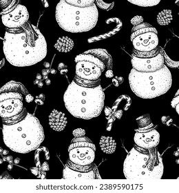 Christmas seamless pattern with snowman. Hand drawn sketch. Vector illustration.