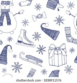 Christmas seamless pattern. Snowman, Christmas hat, ice skates, sledge, socks. Hand drawn holiday elements isolated on white background. Vector stock pattern. Holiday decor.