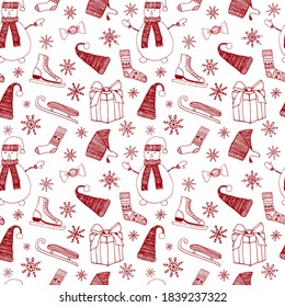 Christmas seamless pattern. Snowman, Christmas hat, ice skates, sledge, socks, gift box. Hand drawn holiday elements isolated on white background. Vector stock pattern. Holiday decor.