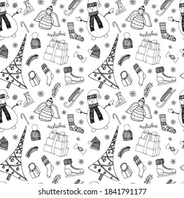 Christmas seamless pattern. Snowman, Christmas hat, ice skates, sledge, socks, gift box, angel, fur tree. Hand drawn holiday elements isolated on white background. Vector stock pattern. Holiday decor.