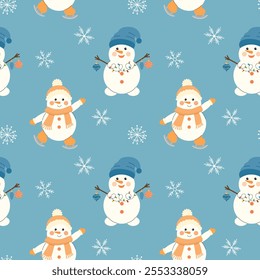 Christmas seamless pattern with a snowman in a hat, scarf and snowflakes. Cute snowman ice skating. Vector winter New Year background. Perfect for textiles, wallpaper or holiday design.