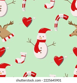 Christmas Seamless Pattern with snowman, heart with arrow, socks, candy, and deer, easy to edit
