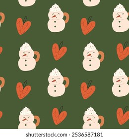Christmas seamless pattern with snowman and hearts. Vector Illustration.