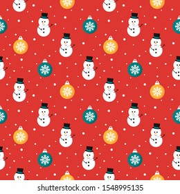 christmas seamless pattern with snowman isolated on red background. vector Illustration.