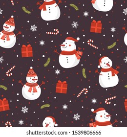 Christmas seamless pattern with snowman on brown background, Winter pattern with snowflakes, wrapping paper, pattern fills, winter greetings, web page background, Christmas and New Year greeting cards