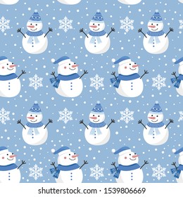 Christmas seamless pattern with snowman on cool background, Winter pattern with snowflakes, wrapping paper, pattern fills, winter greetings, web page background, Christmas and New Year greeting cards