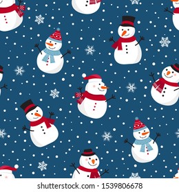 Christmas seamless pattern with snowman on blue background, Winter pattern with snowflakes, wrapping paper, pattern fills, winter greetings, web page background, Christmas and New Year greeting cards