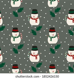 Christmas Seamless Pattern with snowman on green background. Seamless pattern with funny snowmen on green background. Christmas seamless Winter pattern .
