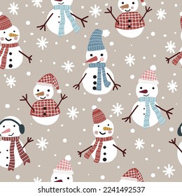 Christmas seamless pattern with snowman on brown  background, Winter pattern with snowflakes, wrapping paper, pattern fills, winter greetings, Christmas and New Year greeting card