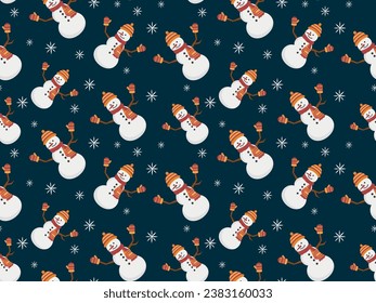 Christmas seamless pattern with snowman on blue background, Winter pattern with snowflakes, wrapping paper, winter greetings, web page background, Christmas and New Year greeting cards. Vector