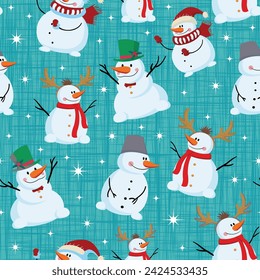 Christmas seamless pattern with snowman on snowy background, Winter pattern with snowflakes, snow, ornaments, wrapping paper, pattern fills, winter greetings, web page background.