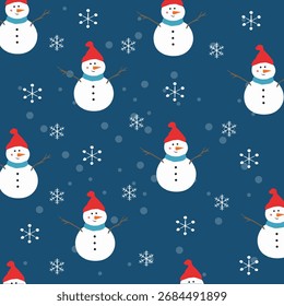 Christmas seamless pattern with snowman on blue background, wrapping paper, winter greetings, web page background, Christmas and New Year greeting cards.