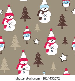 Christmas seamless pattern with snowman and owl, can be used for textile,  background, book cover, packaging