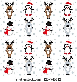Christmas seamless pattern with snowman penguin and deer