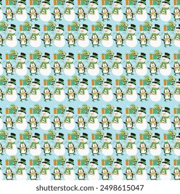 Christmas seamless pattern with snowman, penguin and gifts