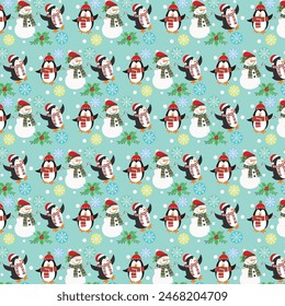 Christmas seamless pattern with snowman and penguins