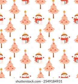 Weihnachten nahtlose Muster mit Schneemann, rosa Tannen und Schneeflocken. Ideal für Tapeten, Papier, Muster füllt Wintergrüße, Web-Seite Hintergrund, Weihnachts-und Neujahr Grußkarten