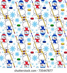 Christmas seamless pattern. Snowman  playing hockey. Perfect for wallpaper, wrapping paper,  winter greetings, web page background, Christmas and New Year greeting cards.