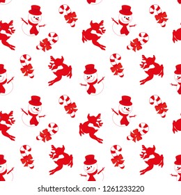 Christmas seamless pattern with snowman, reindeer and candy