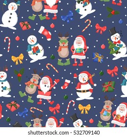 Christmas seamless pattern with snowman, reindeer and Santa Claus